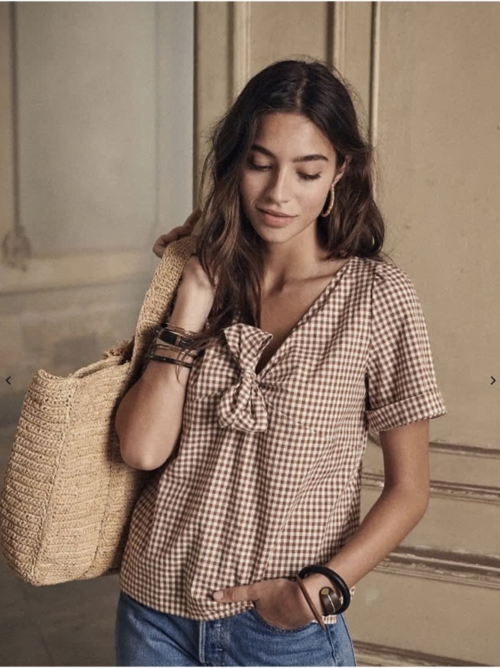 Sezane Brown & Cream Gingham Tie-Front Blouse